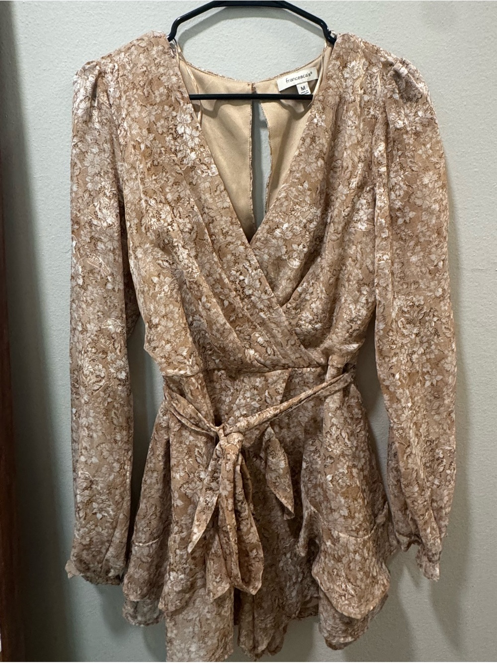 Francesca's Collections Tan Floral Long-Sleeve Wrap Dress